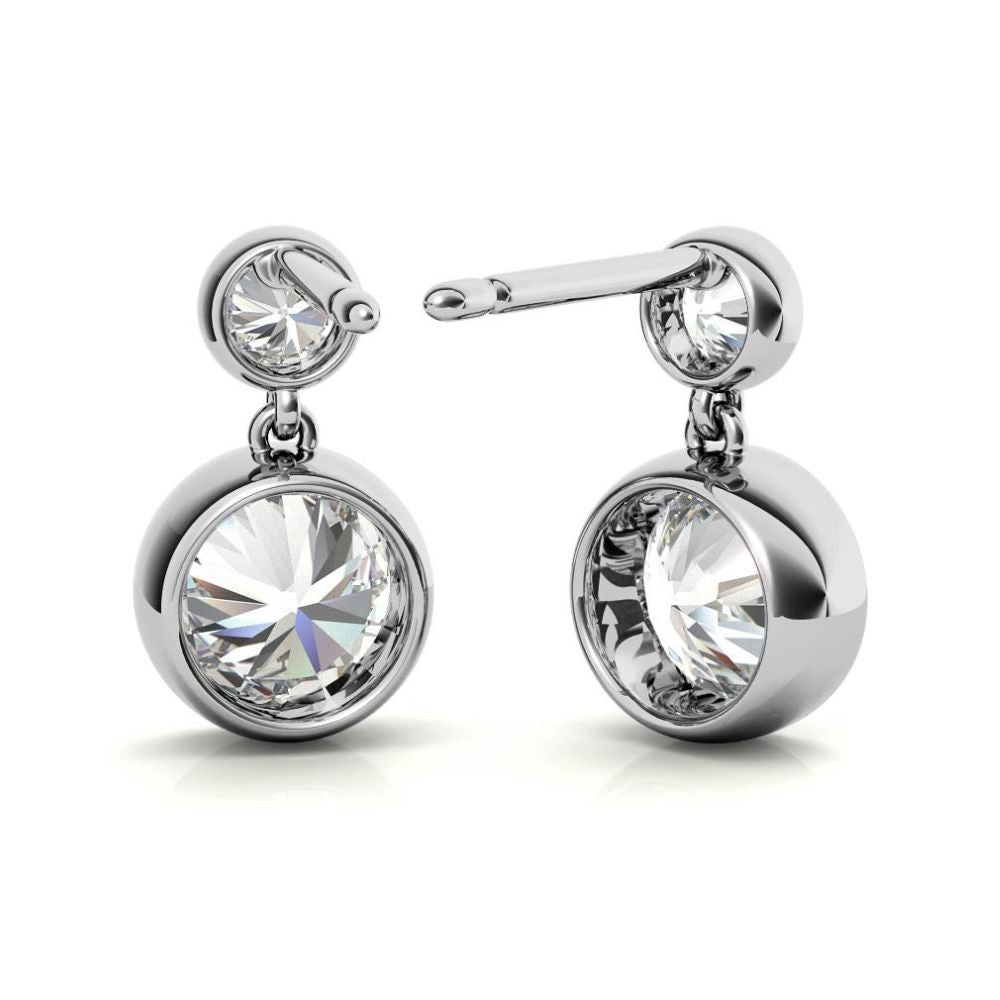 Bezel Set Double Round Cut Moissanite Drop Earrings
