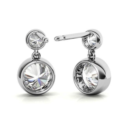 Bezel Set Double Round Cut Moissanite Drop Earrings