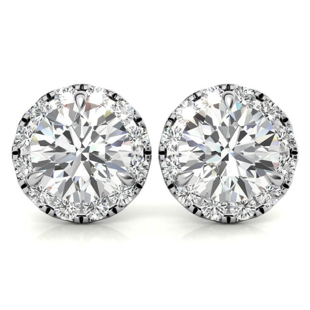 Three Prong Set Moissanite Round Cut Halo Earrings in White Gold
