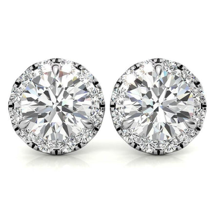 Three Prong Set Moissanite Round Cut Halo Earrings in White Gold