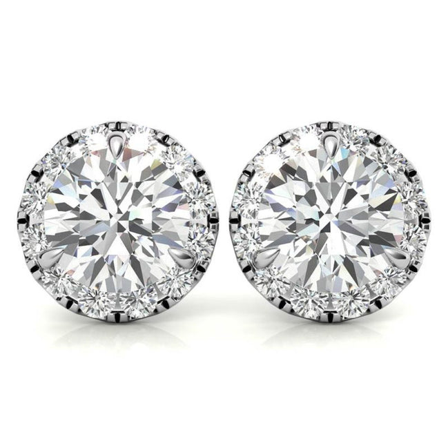 Three Prong Set Moissanite Round Cut Halo Earrings in White Gold