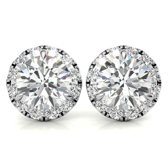 Three Prong Set Moissanite Round Cut Halo Earrings in White Gold