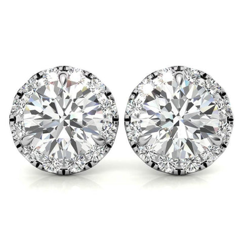 Three Prong Set Moissanite Round Cut Halo Earrings in White Gold