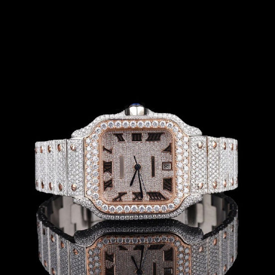 Dual Tone Colorless Moissanite Hip Hop Watch