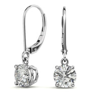 Round Cut Moissanite Lever Back Drop Earrings in White Gold