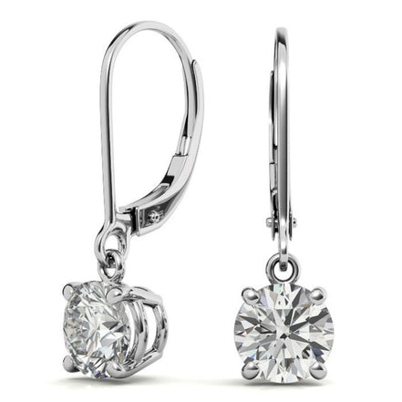 Round Cut Moissanite Lever Back Drop Earrings in White Gold