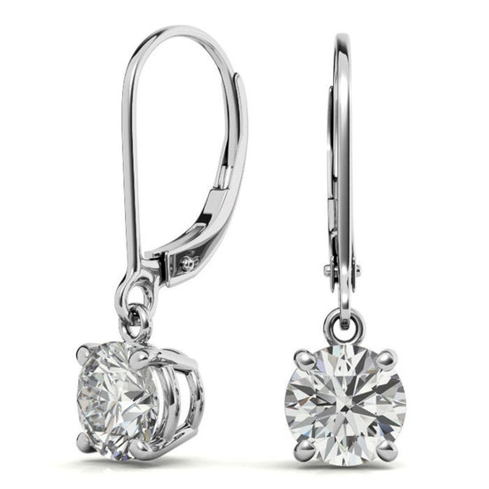 Round Cut Moissanite Lever Back Drop Earrings in White Gold