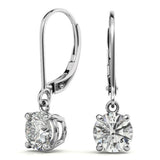 Round Cut Moissanite Lever Back Drop Earrings in White Gold