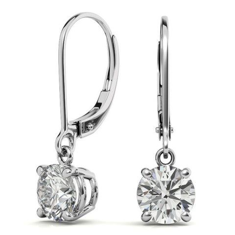 Round Cut Moissanite Lever Back Drop Earrings in White Gold