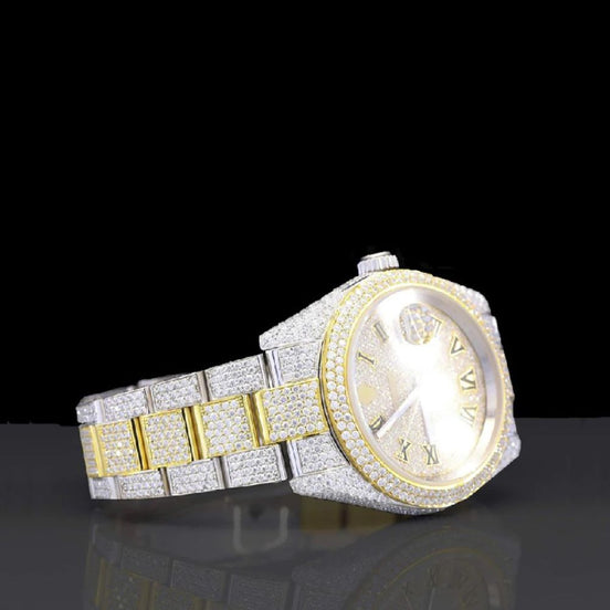 Dual Tone Roman Dial Iced Out Moissanite Expensive Watch