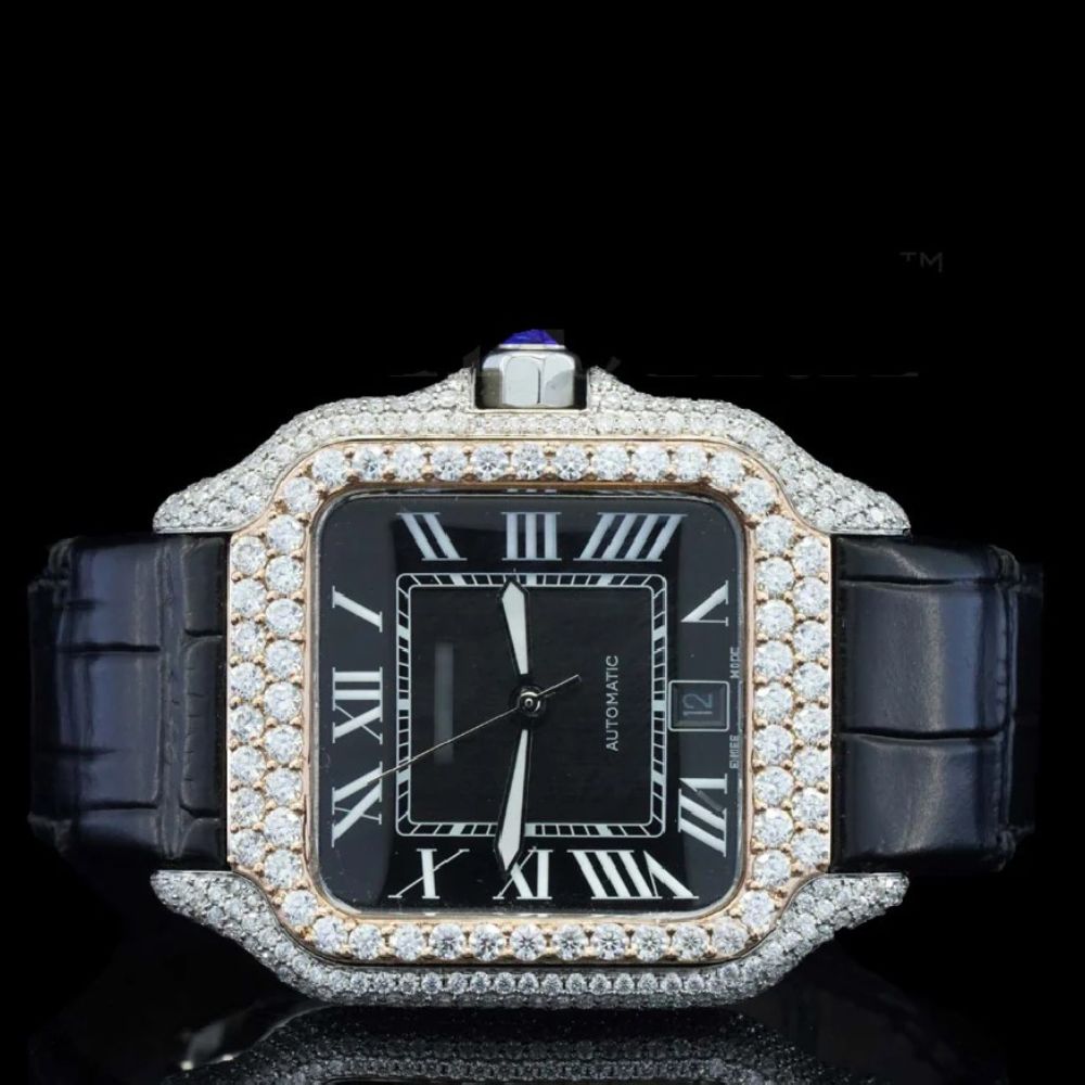 Black Color Roman Numeric Leather Belt Moissanite Watch