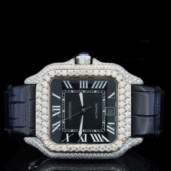 Black Color Roman Numeric Leather Belt Moissanite Watch