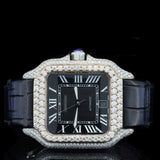 Black Color Roman Numeric Leather Belt Moissanite Watch
