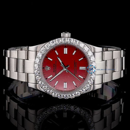 Elegant Red Dial Moissanite Diamond Automatic Watch
