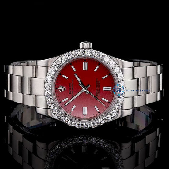 Elegant Red Dial Moissanite Diamond Automatic Watch