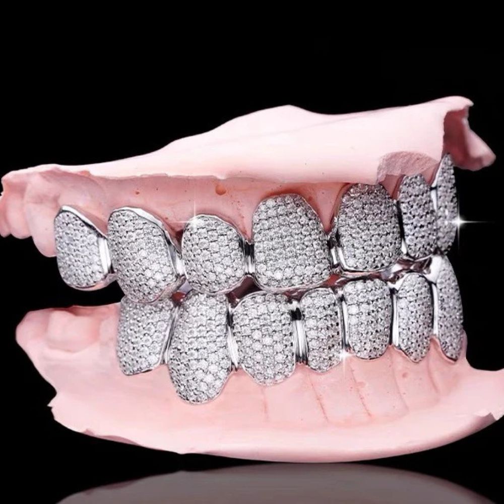 Lab Created Moissanite 10K White Gold Plated Diamond Grillz