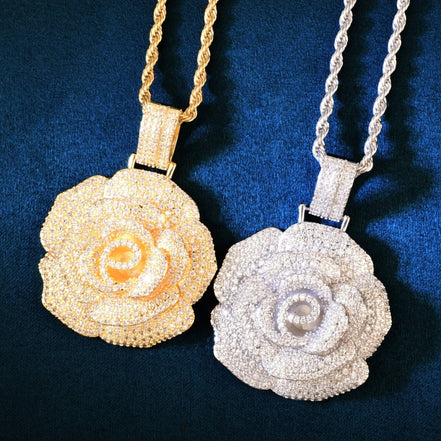 Rose Flower Silver Moissanite Men's Pendant