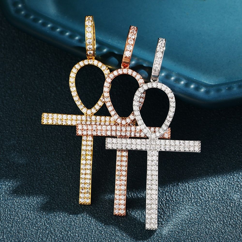 Round Cut Moissanite Ankh Cross Iced Out Pedant For Men's