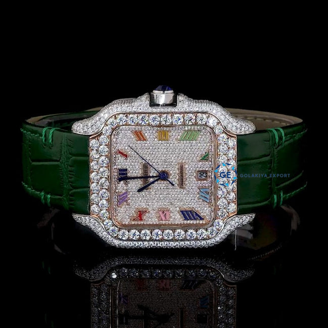 Green Color Leather Belt Moissanite Diamond Men's Watch
