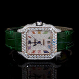 Green Color Leather Belt Moissanite Diamond Men's Watch