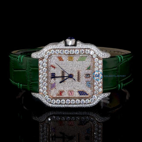 Green Color Leather Belt Moissanite Diamond Men's Watch