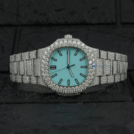 Fully Iced Out Sky Blue VVS1 Moissanite Luxury Watch