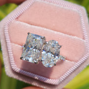 Two Stone Oval & Radiant Cut Hidden Halo Engagement Ring