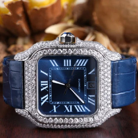 Blue Lather Belt Moissanite Diamond Watch Gift For Men's