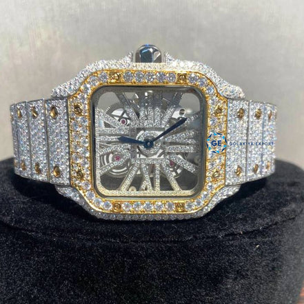 Skeleton Dual Tone Moissanite Hip Hop Watch For Men's