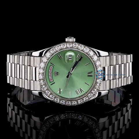 Day Date Moissanite Green Dial Wrist Watch For Men's