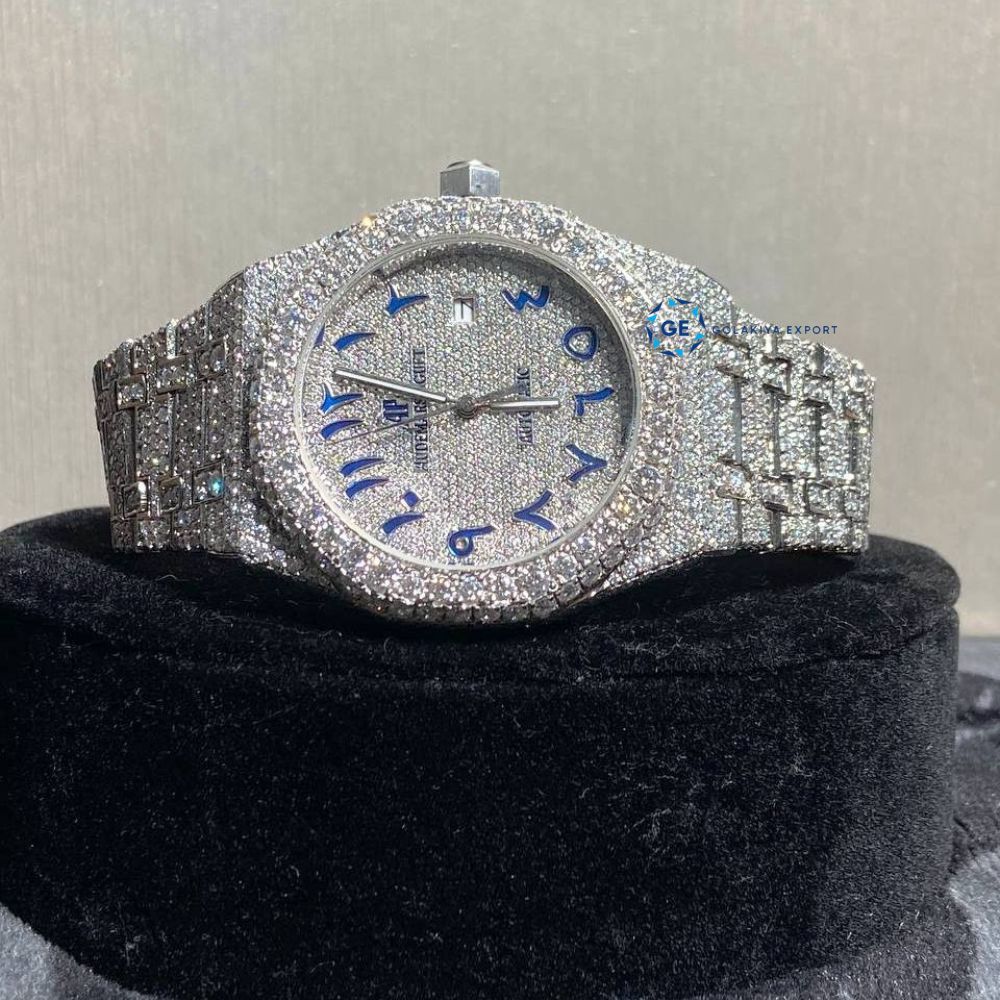 Iced Out Blue Arabic Numeric Moissanite Watch