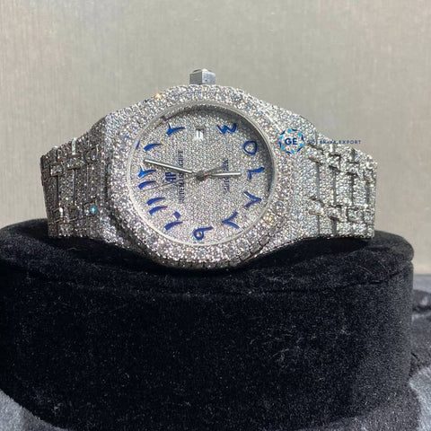 Iced Out Blue Arabic Numeric Moissanite Watch