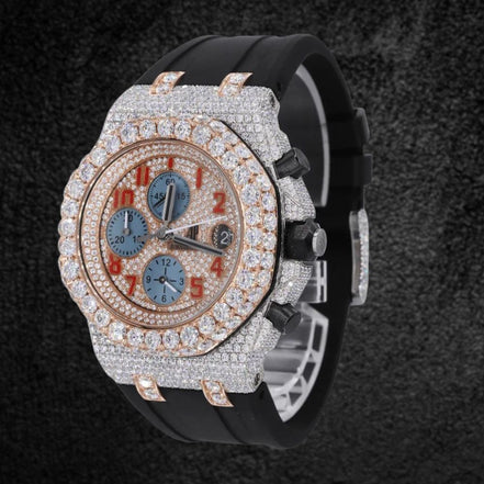 Black Rubber Belt Moissanite Fancy Stylish Watch For Men's