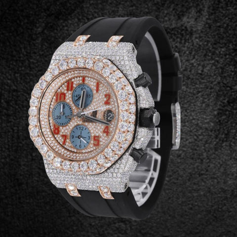 Black Rubber Belt Moissanite Fancy Stylish Watch For Men's