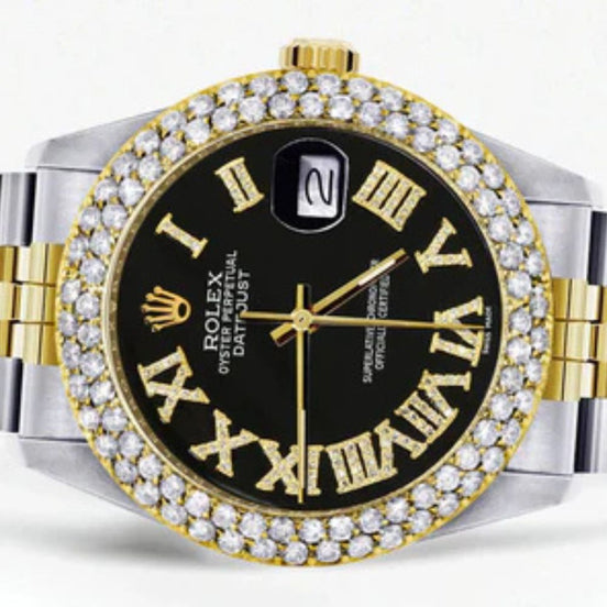 Dual Tone Jubilee Band Black Roman Numeral Dial Moissnaite Watch