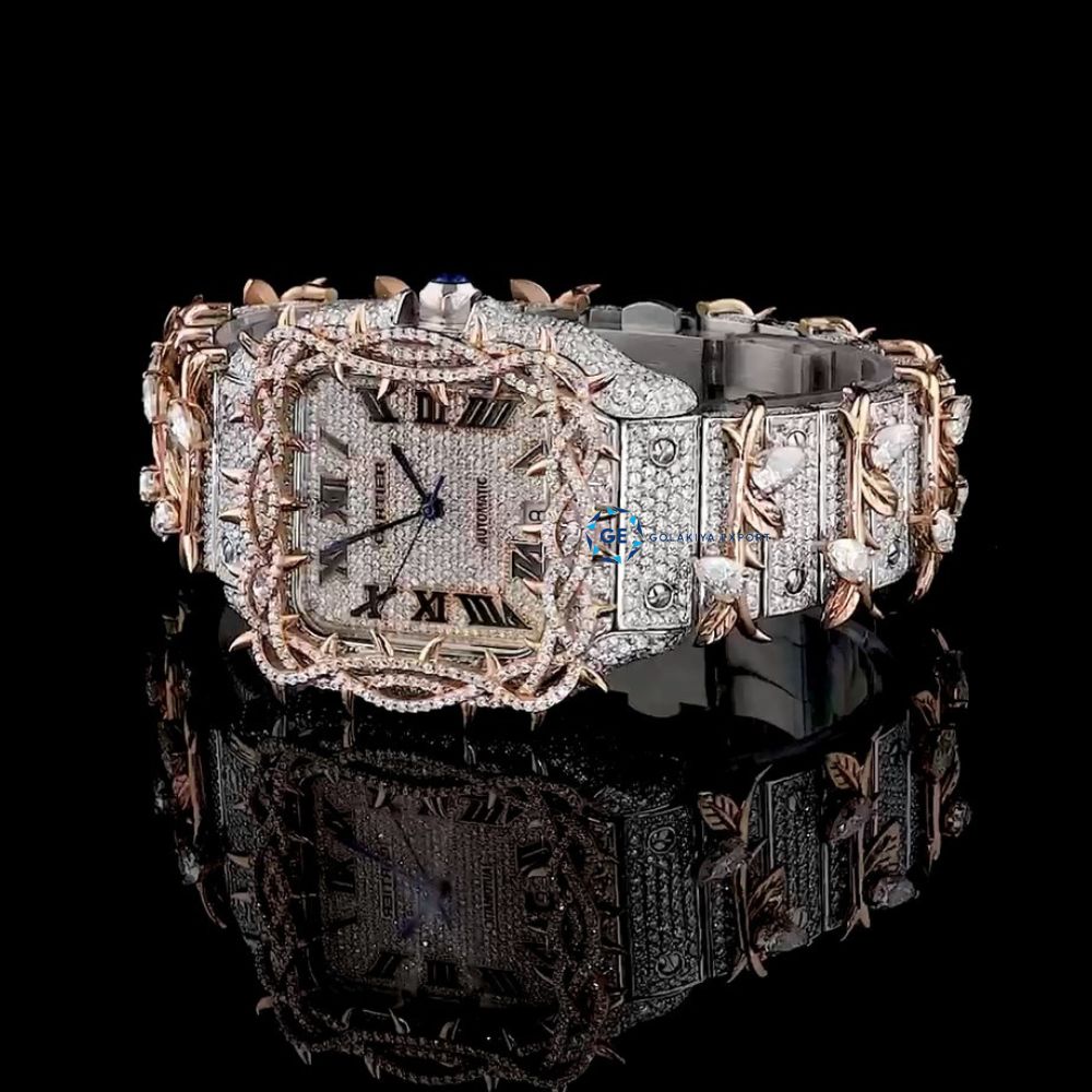 Leafe Style Roman Dial Dual Tone Moissanite Wrist Watch