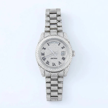 Bust Down Full White Day Date Moissanite Iced Out Watch