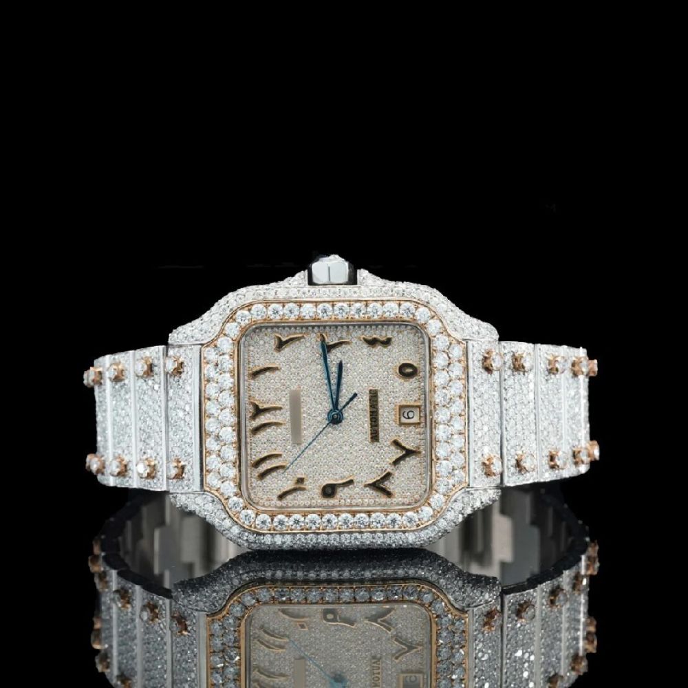 Arabic Numeric Dial Dual Tone Moissanite Iced Out Watch