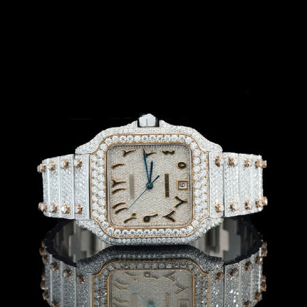 Arabic Numeric Dial Dual Tone Moissanite Iced Out Watch