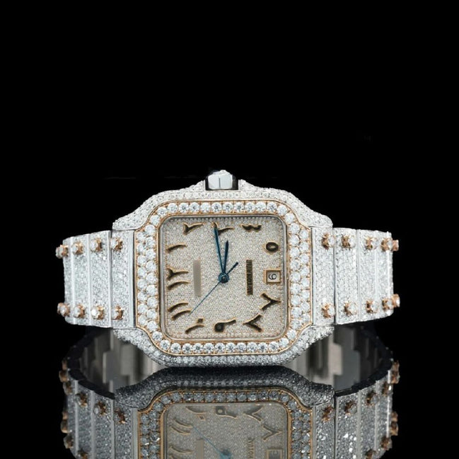 Arabic Numeric Dial Dual Tone Moissanite Iced Out Watch