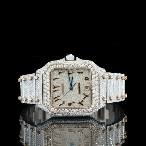 Arabic Numeric Dial Dual Tone Moissanite Iced Out Watch