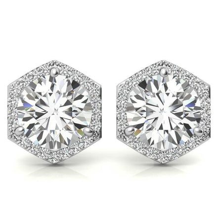 Hexagon Halo Moissanite Round Cut Stud Earrings
