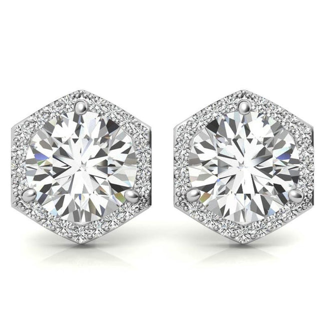 Hexagon Halo Moissanite Round Cut Stud Earrings