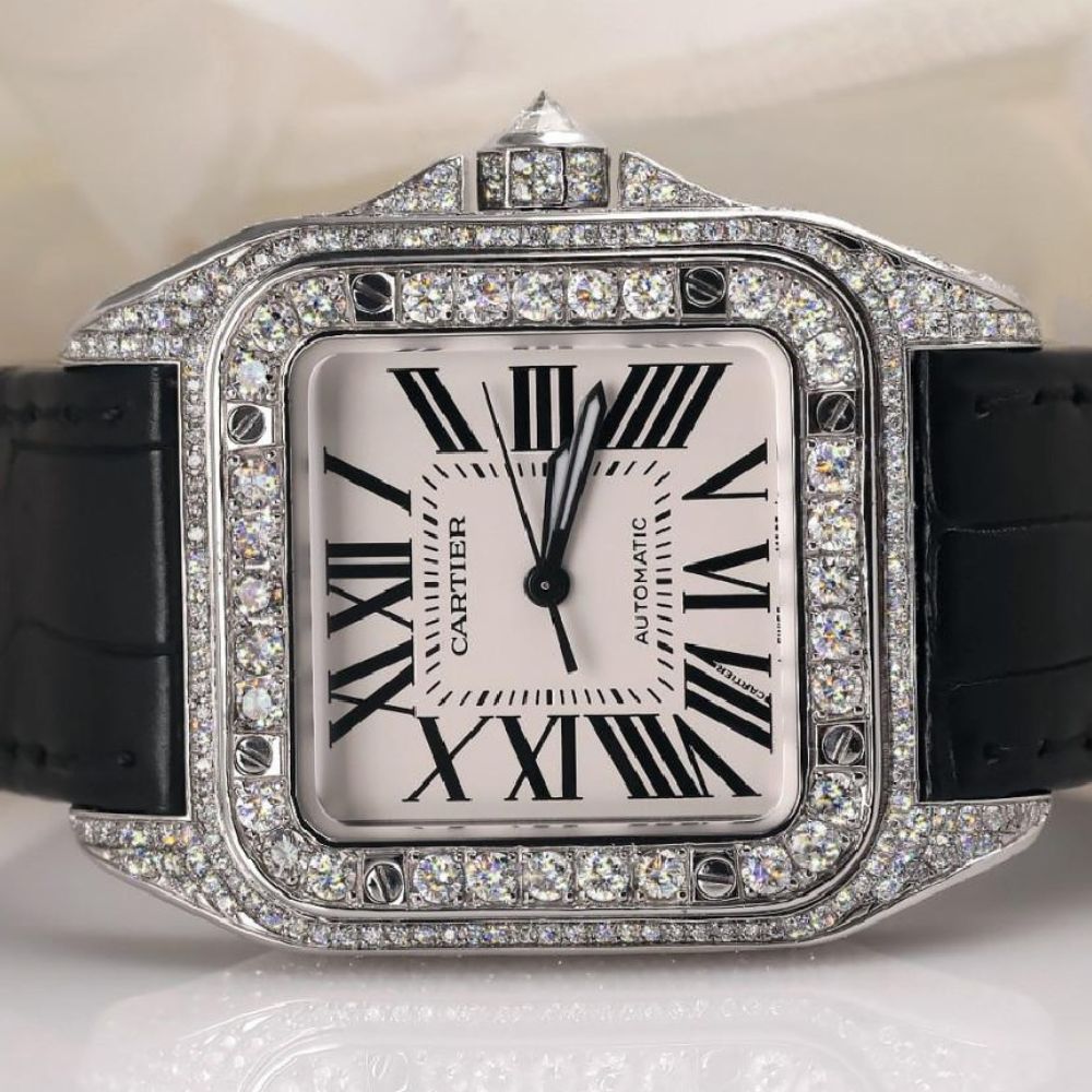 Black Lather Belt Moissanite Fancy Wrist Watch For Men's