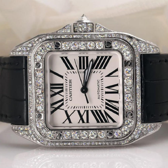 Black Lather Belt Moissanite Fancy Wrist Watch For Men's