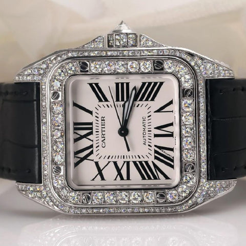 Black Lather Belt Moissanite Fancy Wrist Watch For Men's