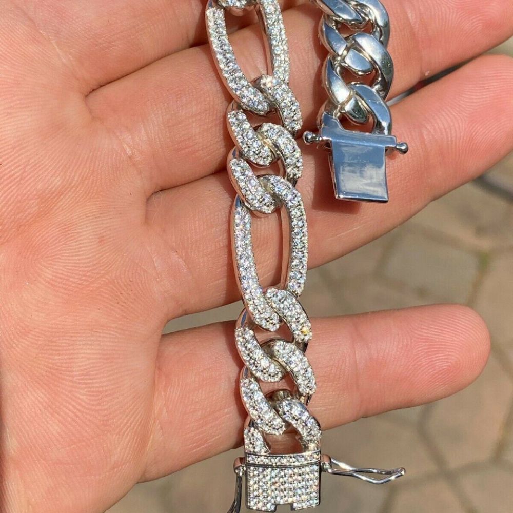 Figaro Link Moissanite Diamond 925 Silver Bracelet