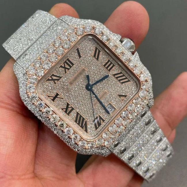 Roman Number Dual Tone Moissanite Hip Hop Watch