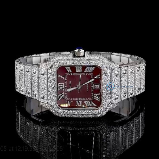 Maroon Roman Dial Automatic Moissanite Wrist Watch