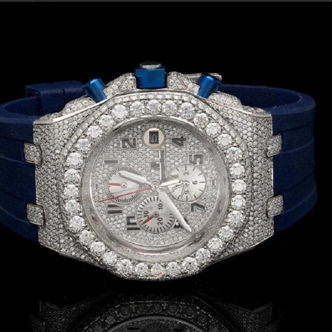 Chrono Dial Blue Rubber Strep Moissanite Diamond Watch